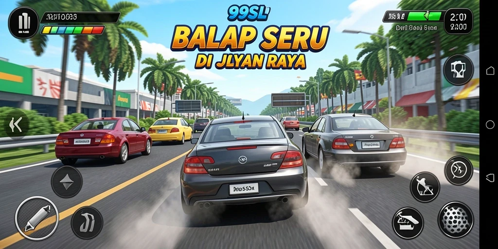 Screenshot gameplay <strong>99SL</strong> menampilkan balapan seru di jalanan perkotaan.