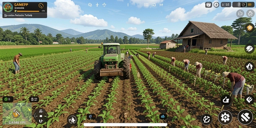 Tampilan gameplay GAMERP yang menarik dengan aktivitas pertanian.