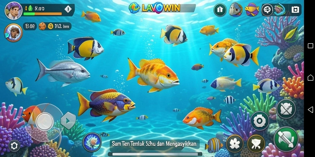 Tampilan gameplay LAVOWIN dengan beragam ikan yang menanti untuk ditangkap.