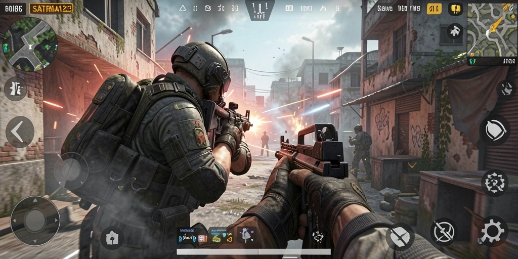 Screenshot menunjukkan pemain terlibat dalam pertempuran FPS yang intens.
